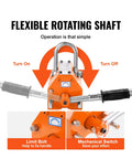 Orange lifting magnet hoist with rotating shaft, U-shaped top hook and side handles with release switch.