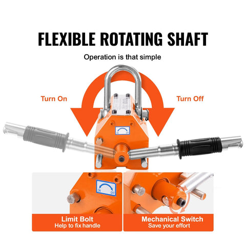 Orange lifting magnet hoist with rotating shaft, U-shaped top hook and side handles with release switch.