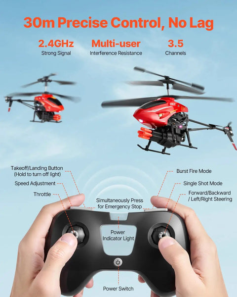 Hands holding remote with Rad RC Helicopter For Kids With Two Four GHz Remote One Key Takeoff And Landing Altitude Hold Shooting Mode