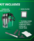 Cordless 18V Wet Dry Vacuum Bare Tool kit with HEPA filter, flexible hose, and various nozzles for versatile cleaning