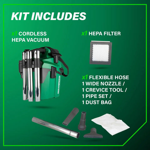 Cordless 18V Wet Dry Vacuum Bare Tool kit with HEPA filter, flexible hose, and various nozzles for versatile cleaning