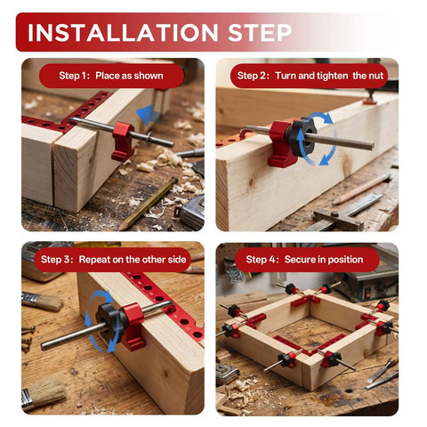 Installation steps for 8 Pack Premium Corner Clamps For Woodworking, Precision 90 Degree Right Angle Positioning Squares in aluminum alloy.