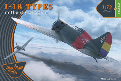 1/72 I-16 Type 5 Scale Model Kit With 93 Plastic Parts Easy Build Fighter Aircraft For Display Sky Of Spain Theme 84.5 Mm Length 125.2 Mm Wingspan Great For Newbies And Collectors image showing a painted aircraft in flight against a blue sky with clouds