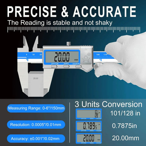 6 Inch Digital Caliper With Large LCD Screen Stainless Steel Vernier Caliper showing precise measurement and 3 units conversion options