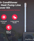 Zero Fuss Mini Split Line Set Cover Paintable Kit Crisp White Four By Fourteen Feet Complete Wall Cap Tubing Cover For Ductless Ac Systems installed on wall next to AC unit.