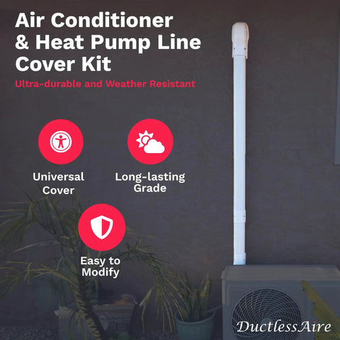 Zero Fuss Mini Split Line Set Cover Paintable Kit Crisp White Four By Fourteen Feet Complete Wall Cap Tubing Cover For Ductless Ac Systems installed on wall next to AC unit.