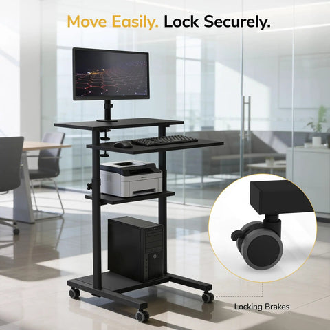 Mobile Computer Cart With Monitor Mount For 32 Inch Screens Rolling Laptop Stand On Wheels Height Adjustable From 37.25 To 53.75 Inches Includes Keyboard Tray Ideal For Classrooms And Offices