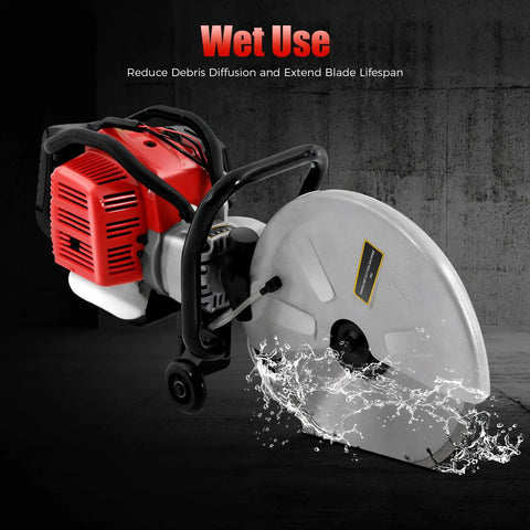 Badass Heavy Duty Concrete Cut Off Saw With Razor Blade And Rock Solid Steering Wheel Pro Masonry Workhorse For Wet Dry Brick Stone And Mortar Rough Jobs Around Town with water spray for wet cutting