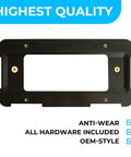 BMW Rear Bumper License Plate Bracket 2000 To 2026, black metal holder, anti-wear design, shown with hardware, for BMW models.