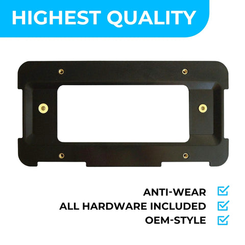 BMW Rear Bumper License Plate Bracket 2000 To 2026, black metal holder, anti-wear design, shown with hardware, for BMW models.