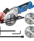 G LAXIA blue mini circular saw with laser guide, 4A, 3500 RPM; includes two 24T wood blades and rip guide.