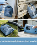 Compact Portable Washing Bag For Camping And Road Trips, Lightweight Manual Hand Wash Sack With Built In Scrub Sleeve, Ditch The Laundromat Hustle And Crush Stains Effortlessly On The Go, shown in various outdoor and indoor settings.