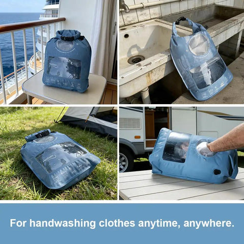 Compact Portable Washing Bag For Camping And Road Trips, Lightweight Manual Hand Wash Sack With Built In Scrub Sleeve, Ditch The Laundromat Hustle And Crush Stains Effortlessly On The Go, shown in various outdoor and indoor settings.