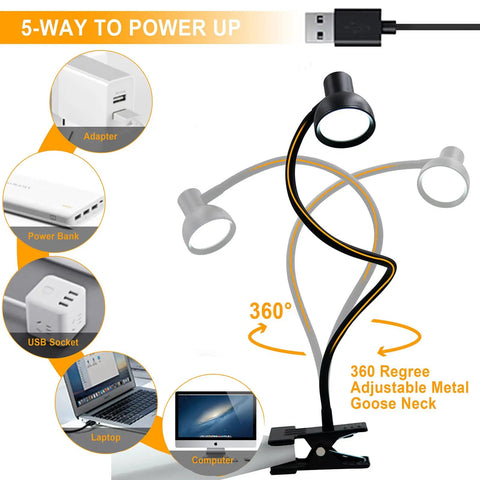 Clip On LED Desk Lamp With 360 Degree Flexible Gooseneck Eye Caring Night Light USB Powered Dimmer 3 Color Modes demo