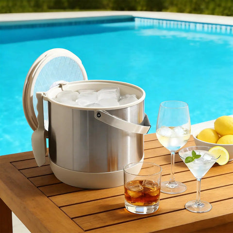 Keep It Frosty 4.8 Liter Insulated Ice Bucket With Snug Fit Lid And Drop Handle Scoop next to drinks by poolside.