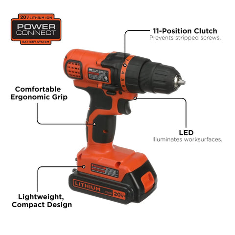 20V Max Cordless Drill And Driver With 3/8 Inch Chuck, LED Work Light, Battery And Charger Included, Ultra Compact Yet Powerful Workhorse For Precise Drilling And Screwdriving In Wood Metal Plastic