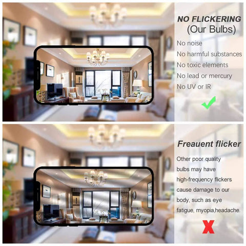 Comparison showing living room lighting with 25 Watt Equivalent A15 E26 LED Bulbs Soft White 2700K Cozy Home Lighting