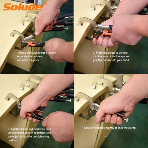 Person using 6 Inch C Clamp Locking Pliers Heavy Duty Vise Grip Welding Clamp with Swivel Pads for woodworking, shown gripping a workbench.