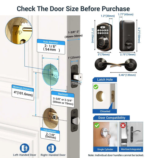 Installation guide for Fast Unlocking Fingerprint Door Lock With Two Lever Handles, dimensions and door compatibility shown.