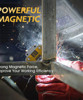 TOOLIOM arrow welding magnet, yellow/gray, 25 lb hold, mounted on angle iron during welding
