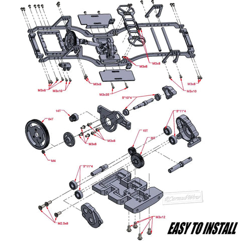 Diagram of Front Mounted Transmission LCG Carbon Fiber Chassis Kit For 1/10 RC Crawlers SCX10 SCX10 II Capra 1.9 UTB And Other DIY Builds