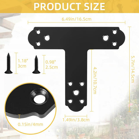 Black T Bracket Set For Wood And Steel, Post To Beam Connectors dimensions; includes screws, 4mm thick plate shown.