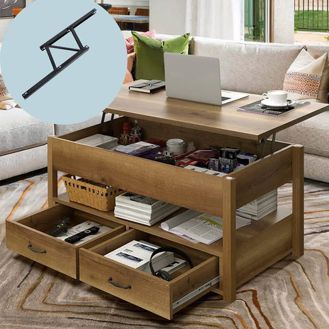 Hefty Black Steel Coffee Table Lift Top Hinge Pair featuring a black lift hinge above a wooden table with storage.