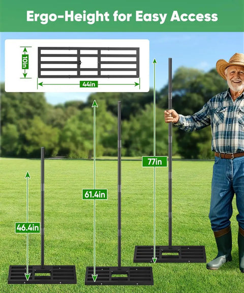 Man standing next to Beast Of A Heavy Duty Lawn Leveling Rake With 77 Inch Adjustable Handle 36 Inch By 10 Inch Ground Leveler Tool