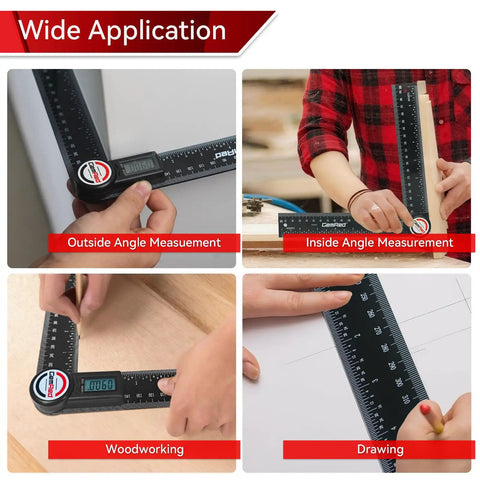 Knockout Digital Protractor And Angle Finder Ruler Dropping Dead On Inside Outside Measurements On A Backlit Display Built Hard For Trade Carpentry And Weekend Builds That Want Zero Headache Precision used in woodworking and angle measurements.