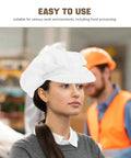 Anti Static Mesh Work Cap Keeps Your Crown Clean And Airy On The Floor Dust Resistant Beard Net For Food Plants Electronics Shops And Cleanrooms, white mesh cap worn by woman in industrial setting.