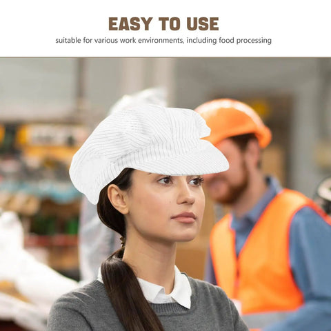 Anti Static Mesh Work Cap Keeps Your Crown Clean And Airy On The Floor Dust Resistant Beard Net For Food Plants Electronics Shops And Cleanrooms, white mesh cap worn by woman in industrial setting.
