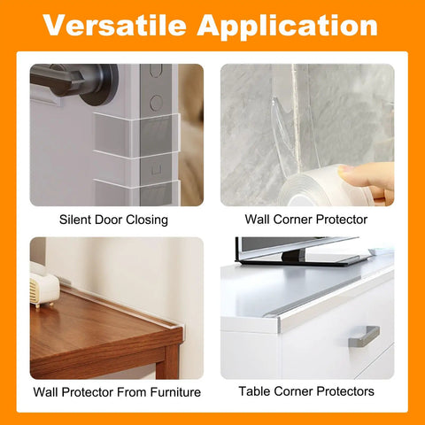 4 Ft Clear Corner Protectors For Babies, Soft Edge Guard Pad For Sharp Furniture, Heavy Duty Pvc Safety Tape For Cabinets And Tables, Zero Drama Baby Proofing That Is A Solid Pick, shown applied around door, wall, and furniture.