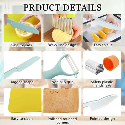 RISICULIS 11-piece blue kids kitchen knife set with wooden and plastic tools, includes Y-peeler and cutting board