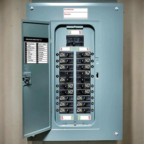 Slick Complete Electrical Panel Labels Kit With 48 Circuit Breaker Tabs high contrast directory sheet on breaker box.