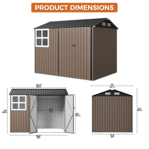 8x6Ft Outdoor Storage Shed With Clear Windows, Lockable Doors, Breathable Vent, And Metal Garden Tool Shed dimensions illustration.
