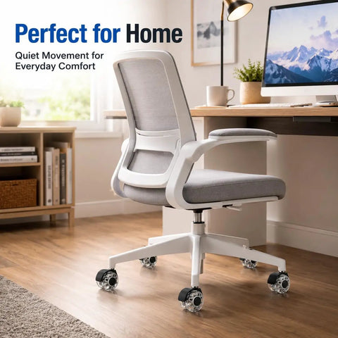 2 Inch Heavy Duty Chair Caster Wheels 5 Pack Silent Swivel Replacement Casters Clear dual wheels on office chair in home setting.