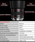 85mm F1.8 Portrait Manual Focus Lens For EF/EF-S Mount DSLRs No Autofocus Creamy Bokeh Sharp Detail Easy Manual Control Features