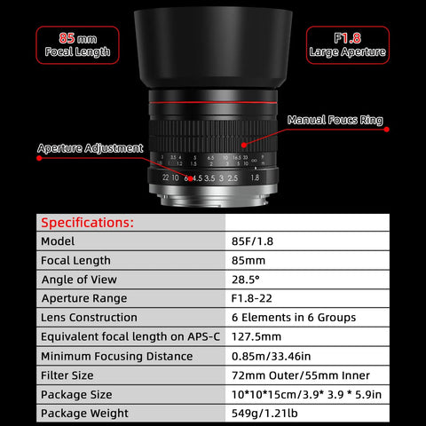 85mm F1.8 Portrait Manual Focus Lens For EF/EF-S Mount DSLRs No Autofocus Creamy Bokeh Sharp Detail Easy Manual Control Features