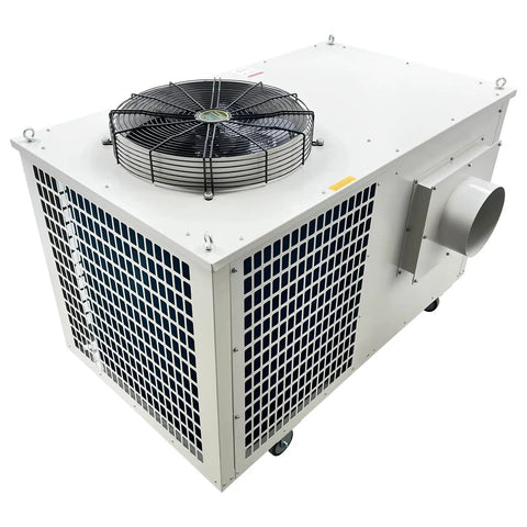 Heavy-Duty 61000 BTU Industrial Air Conditioner Blows Ice Cold For Garages And Warehouses, top view showing cooling fan and exhaust vent.