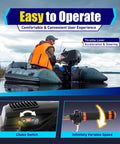 Beast 3.6HP 2 Stroke Outboard Motor With Water And Air Cooling on inflatable boat, showing throttle lever and choke switch.