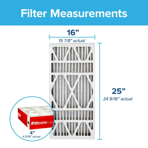 Top Rated Ultra Efficient 16x25x4 HVAC Air Filter 2 Pack MPR 1000 Deep Pleat design with measurements for furnaces.