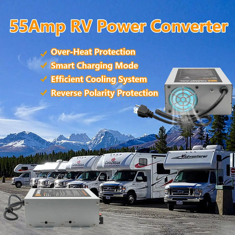 Reliable Serious Juice 55 Amp 120V To 12V DC Power Converter With Built In Three Stage Smart Battery Charger in outdoor RV setting.