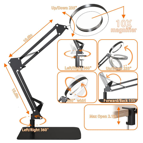 Diagram showing adjustable angles of 10X LED Desk Magnifier With Stand And Real Glass Lens, ideal for detail tasks.