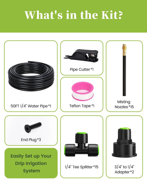 Contents of 50Ft Drip Irrigation System Garden Watering Kit with 15 Adjustable Copper Nozzles and accessories