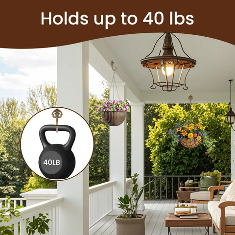 Outdoor porch with Ten Pack Vintage Metal Wall Hooks Set With Bronze Finish, hanging flower baskets, showcasing 40 lb strength