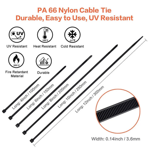 Heavy Duty Zip Ties 700 Count Assorted Cable Ties 4 6 8 10 12 Inch Nylon Self Locking UV Resistant Black For Home Office Garden Cord Management Up To 40 Pounds Mega Bulk Pack - various lengths shown with specifications