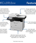 Front view of Professional Monochrome Laser All In One Printer With Scanner And Copier Lightning Fast 50 Ppm Printing Wireless Network Ready With Dual Band WiFi Auto Duplex Print For Busy Offices Model MFC L5915DW showing features.
