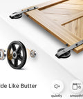 Beefy Sliding Barn Door Hardware Kit 5ft Rail System For Quiet Smooth Glide shown with roller and wooden door detail
