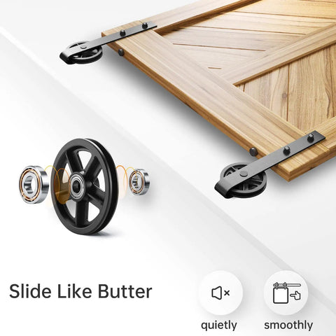 Beefy Sliding Barn Door Hardware Kit 5ft Rail System For Quiet Smooth Glide shown with roller and wooden door detail