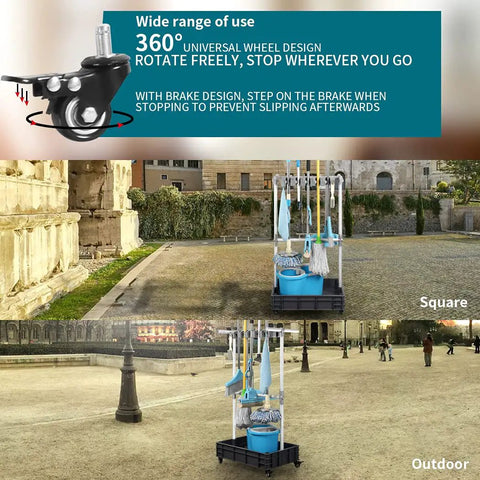 Grab-And-Go Mobile Broom And Mop Organizer Cart With Drying Hooks Floor Standing Cleaning Tool Rack in outdoor setting